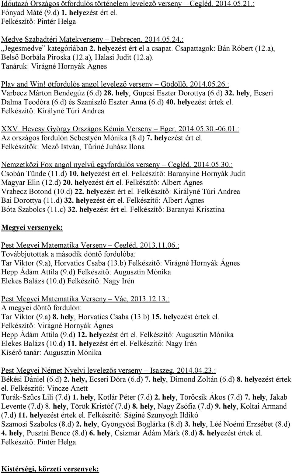 ötfordulós angol levelező verseny Gödöllő, 2014.05.26.: Varbecz Márton Bendegúz (6.d) 28. hely, Gupcsi Eszter Dorottya (6.d) 32. hely, Ecseri Dalma Teodóra (6.d) és Szaniszló Eszter Anna (6.d) 40.