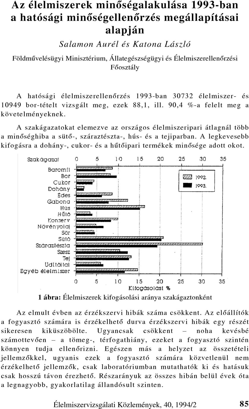 A szakágazatokat elemezve az országos élelmiszeripari átlagnál több a minõséghiba a sütõ-, száraztészta-, hús- és a tejiparban.