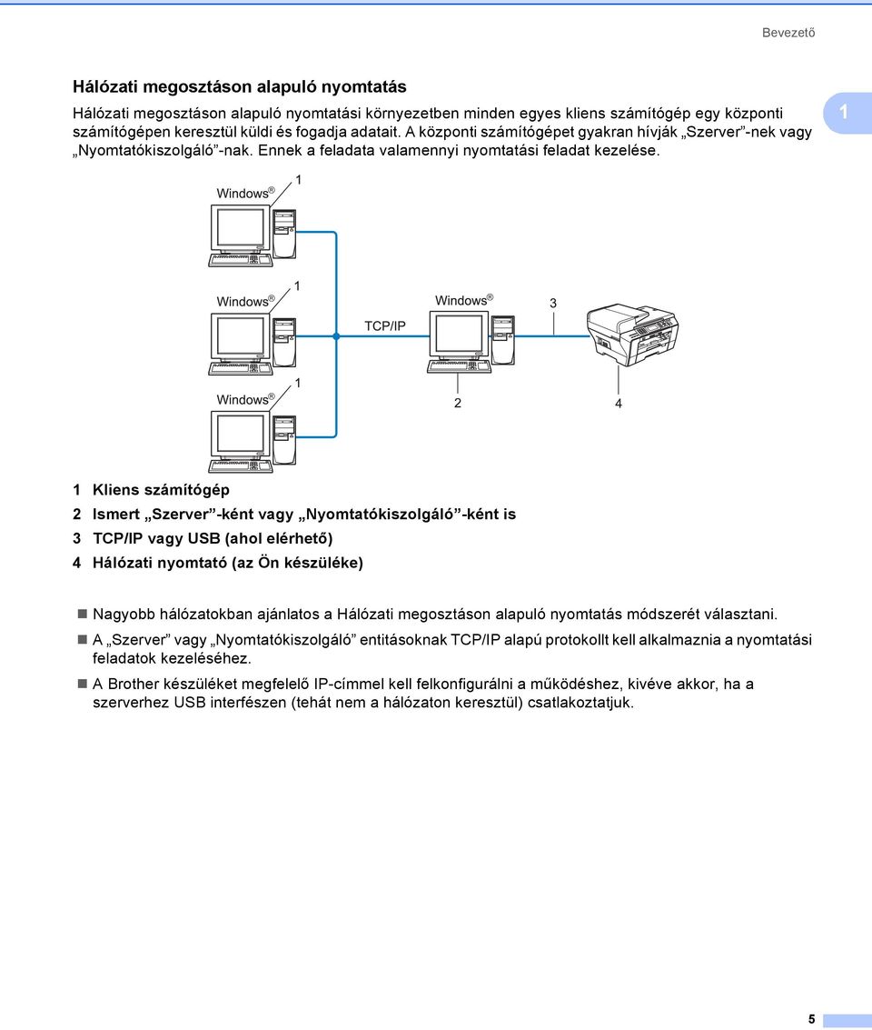 1 1 Kliens számítógép 2 Ismert Szerver -ként vagy Nyomtatókiszolgáló -ként is 3 TCP/IP vagy USB (ahol elérhető) 4 Hálózati nyomtató (az Ön készüléke) Nagyobb hálózatokban ajánlatos a Hálózati