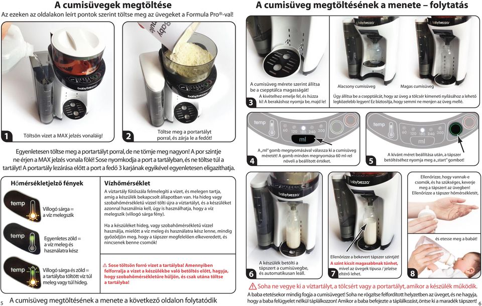 3 Alacsony cumisüveg Magas cumisüveg Úgy állítsa be a csepptálcát, hogy az üveg a tölcsér kimeneti nyílásához a lehető legközelebb legyen! Ez biztosítja, hogy semmi ne menjen az üveg mellé.