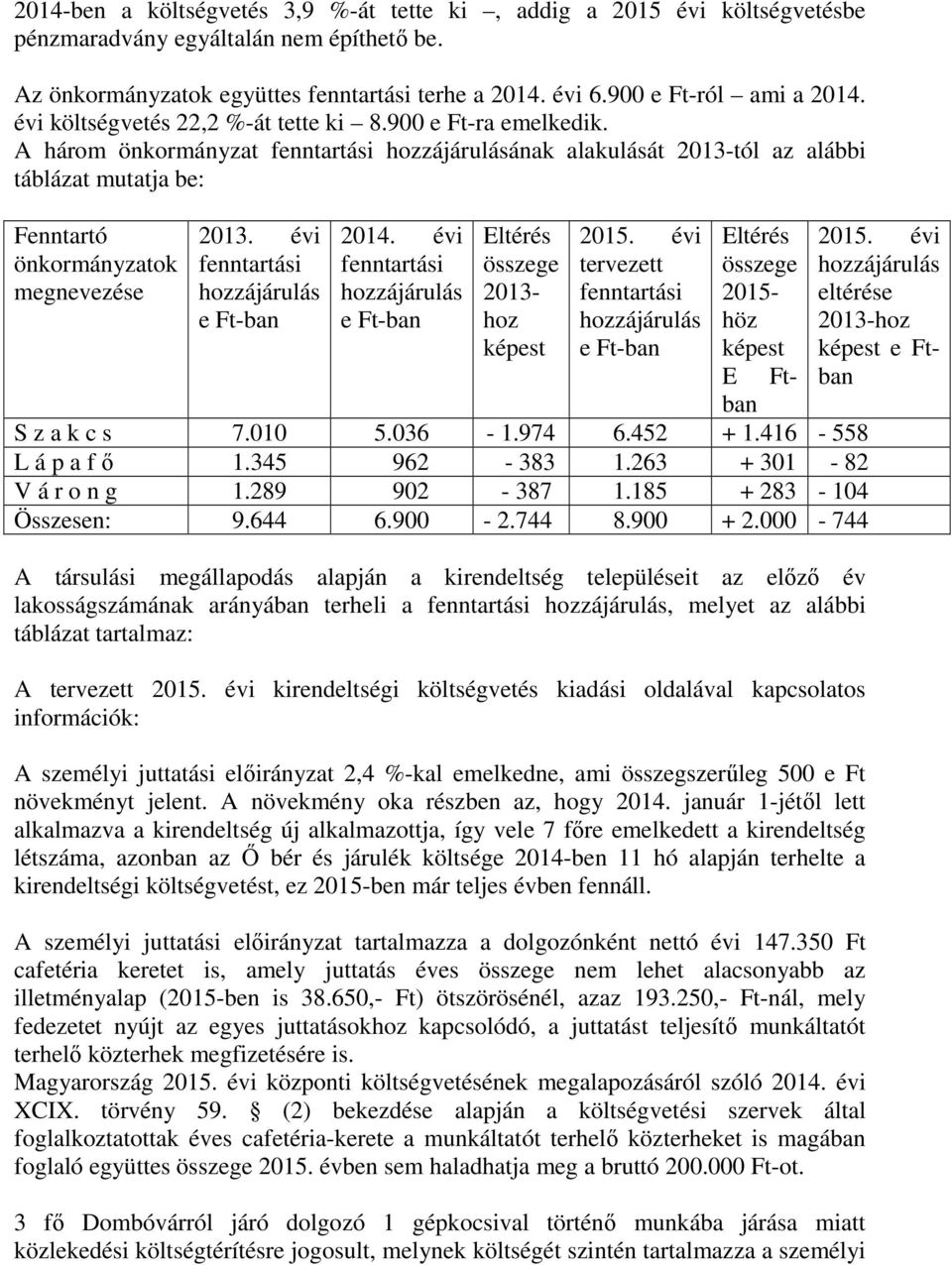 A három önkormányzat fenntartási hozzájárulásának alakulását 2013-tól az alábbi táblázat mutatja be: Fenntartó önkormányzatok megnevezése 2013. évi fenntartási hozzájárulás e Ft-ban 2014.