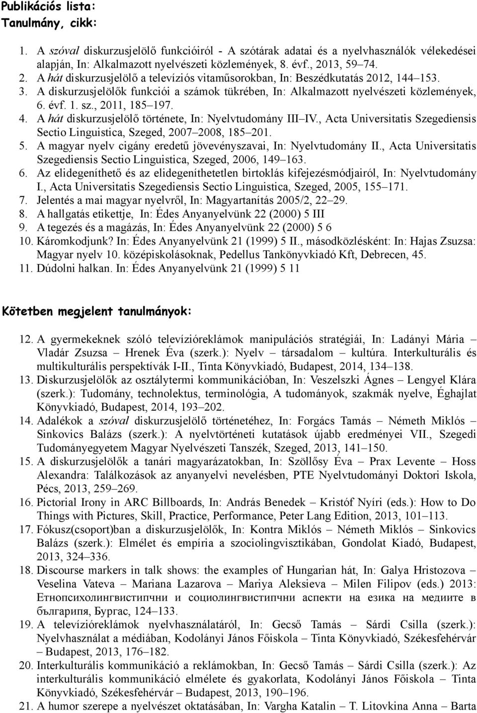 4. A hát diskurzusjelölő története, In: Nyelvtudomány III IV., Acta Universitatis Szegediensis Sectio Linguistica, Szeged, 2007 2008, 185 201. 5.