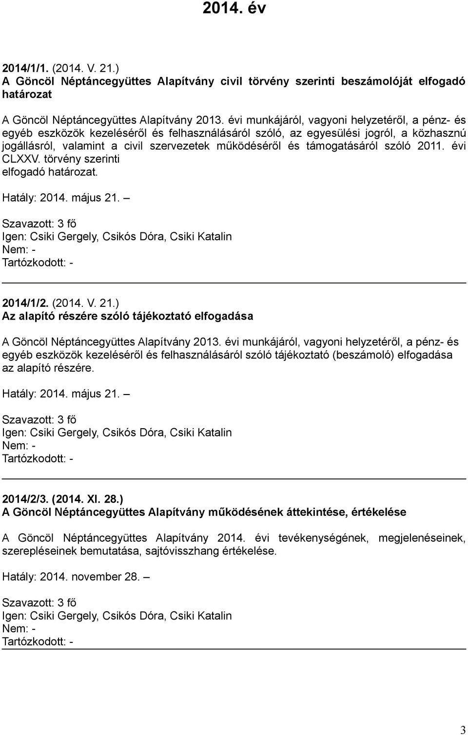 támogatásáról szóló 2011. évi CLXXV. törvény szerinti elfogadó határozat. Hatály: 2014. május 21. 2014/1/2. (2014. V. 21.) Az alapító részére szóló tájékoztató elfogadása A Göncöl Néptáncegyüttes Alapítvány 2013.