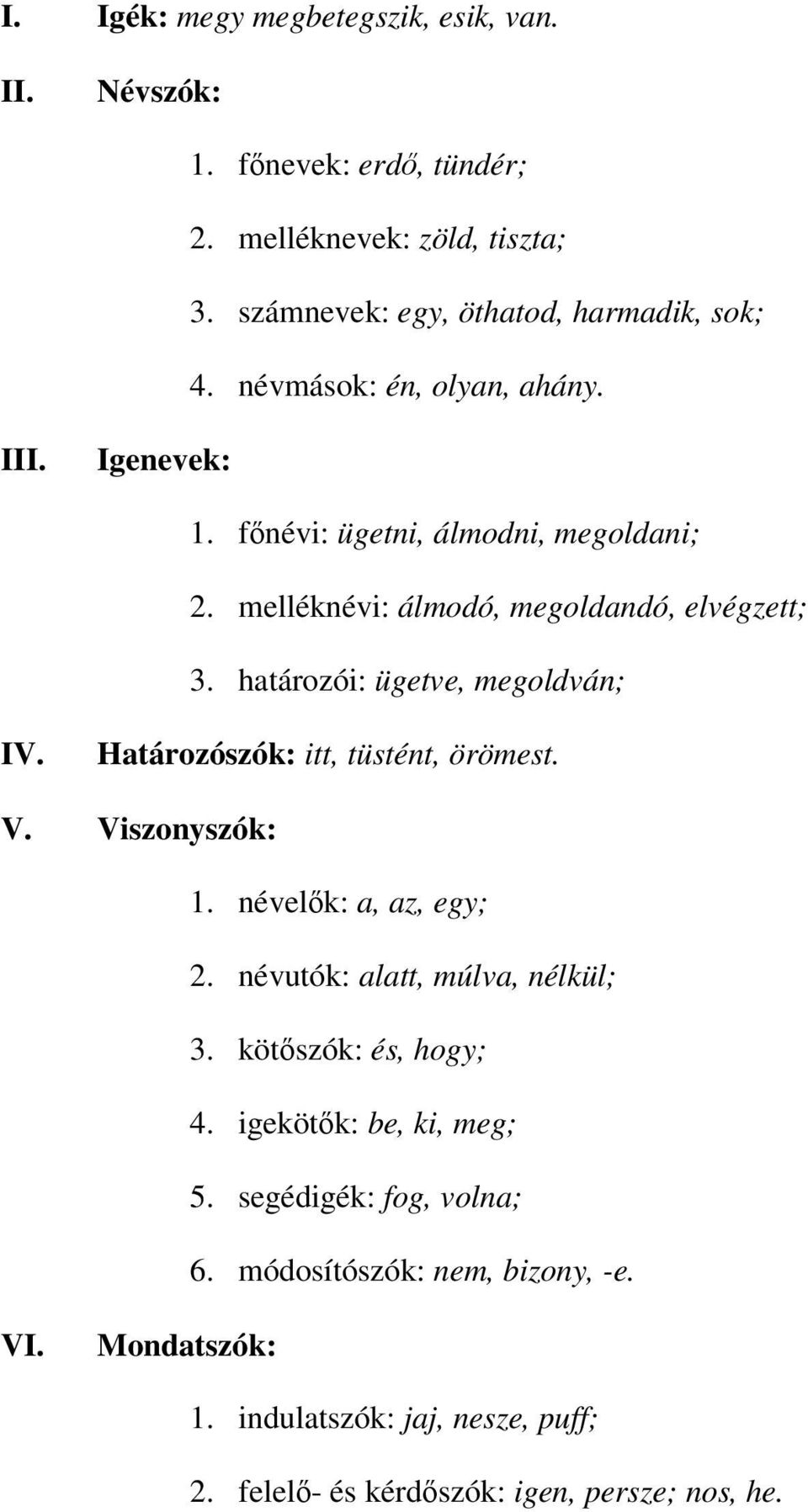 határozói: ügetve, megoldván; IV. Határozószók: itt, tüstént, örömest. V. Viszonyszók: 1. névelők: a, az, egy; 2. névutók: alatt, múlva, nélkül; 3.