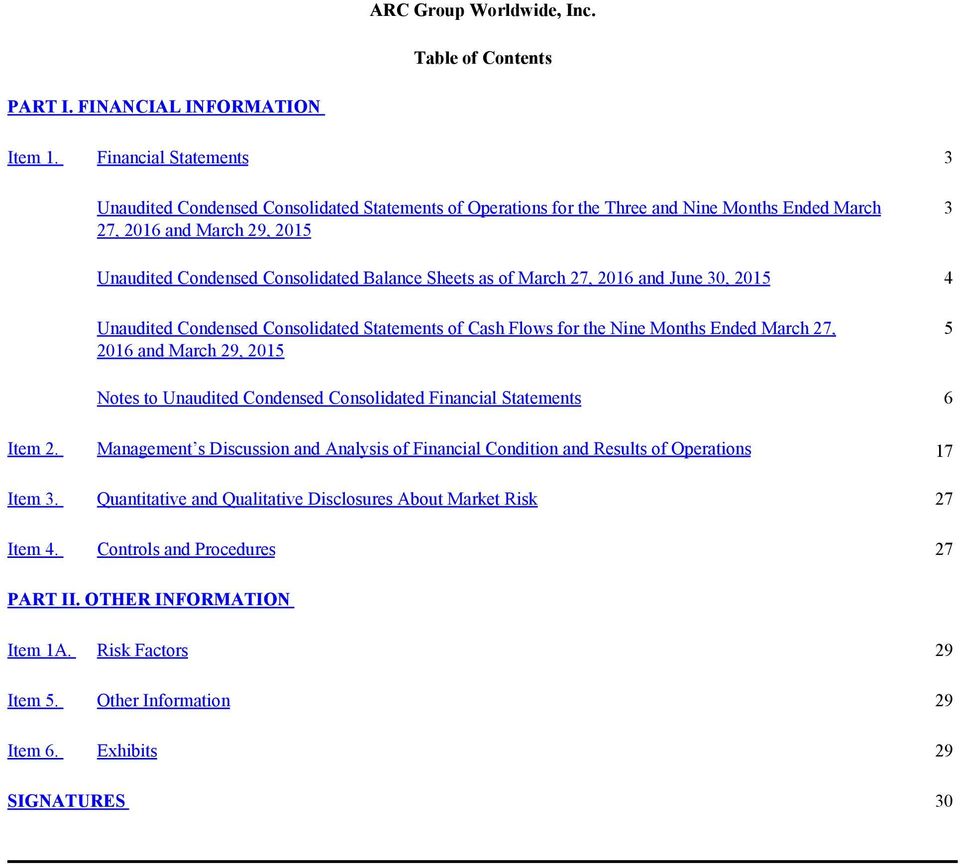 Sheets as of March 27, 2016 and June 30, 2015 4 Unaudited Condensed Consolidated Statements of Cash Flows for the Nine Months Ended March 27, 2016 and March 29, 2015 5 Notes to Unaudited Condensed
