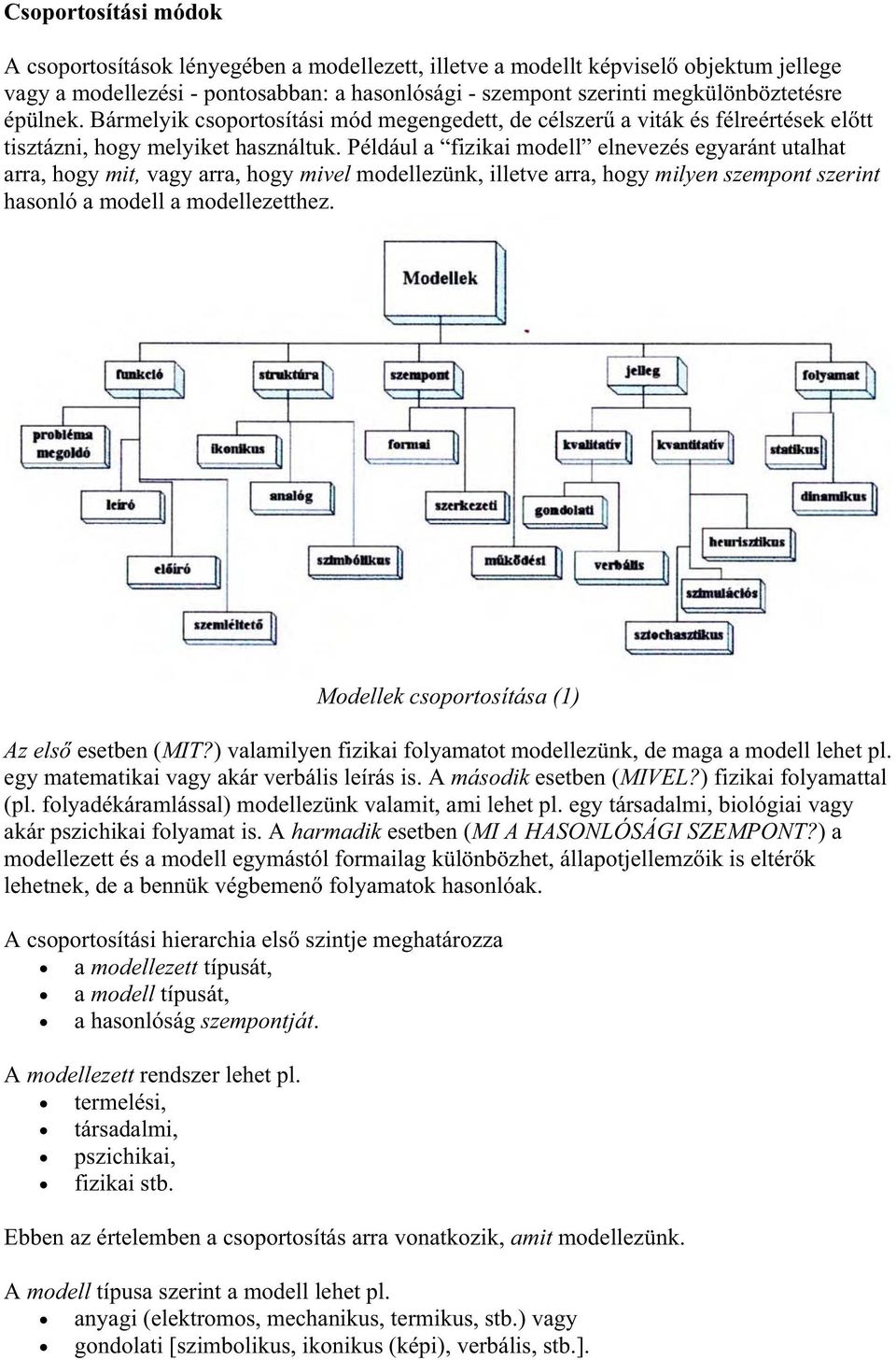 Például a fizikai modell elnevezés egyaránt utalhat arra, hogy mit, vagy arra, hogy mivel modellezünk, illetve arra, hogy milyen szempont szerint hasonló a modell a modellezetthez.