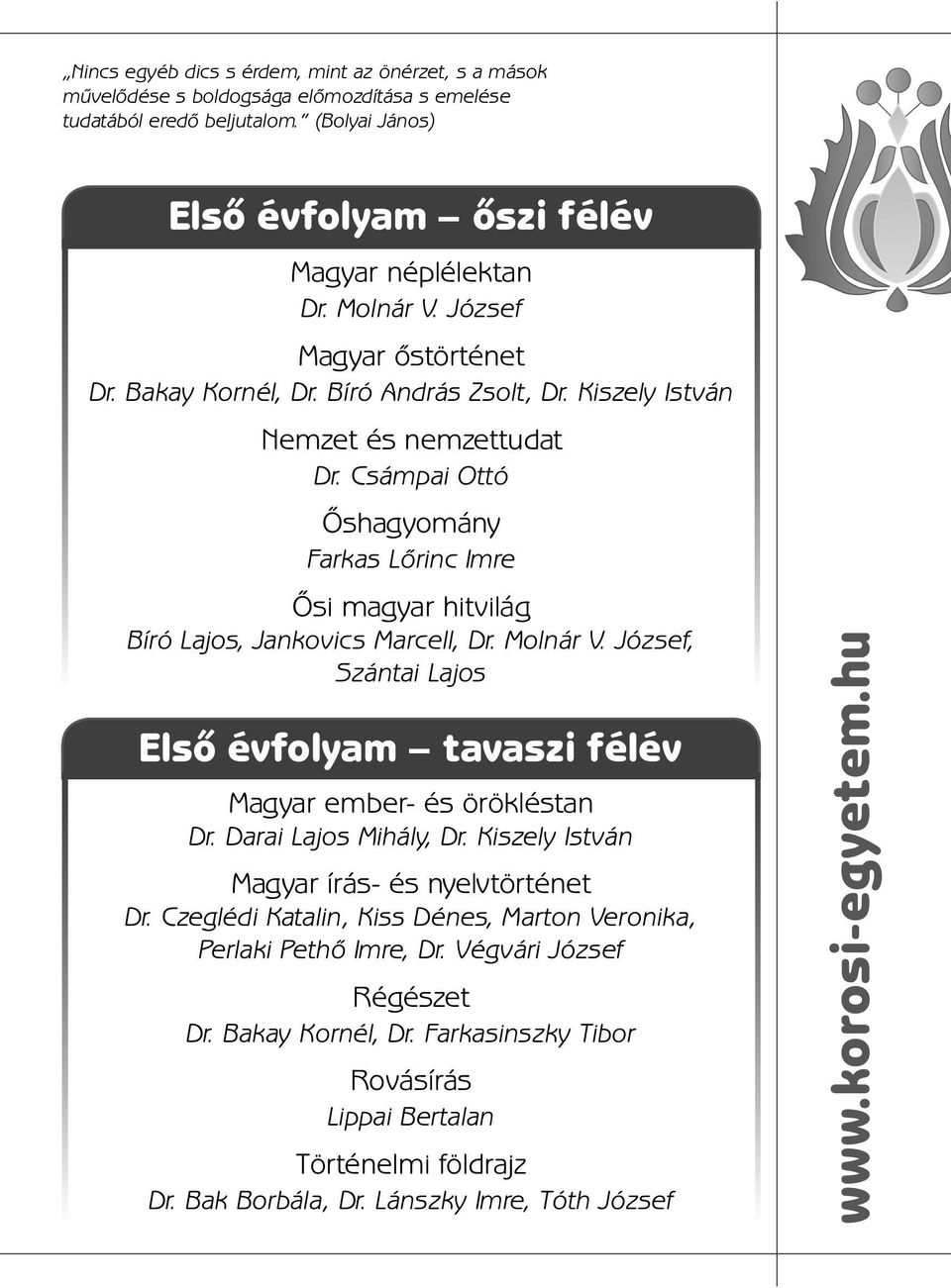 Csámpai Ottó Őshagyomány Farkas Lőrinc Imre Ősi magyar hitvilág Bíró Lajos, Jankovics Marcell, Dr. Molnár V. József, Szántai Lajos Első évfolyam tavaszi félév Magyar ember- és örökléstan Dr.