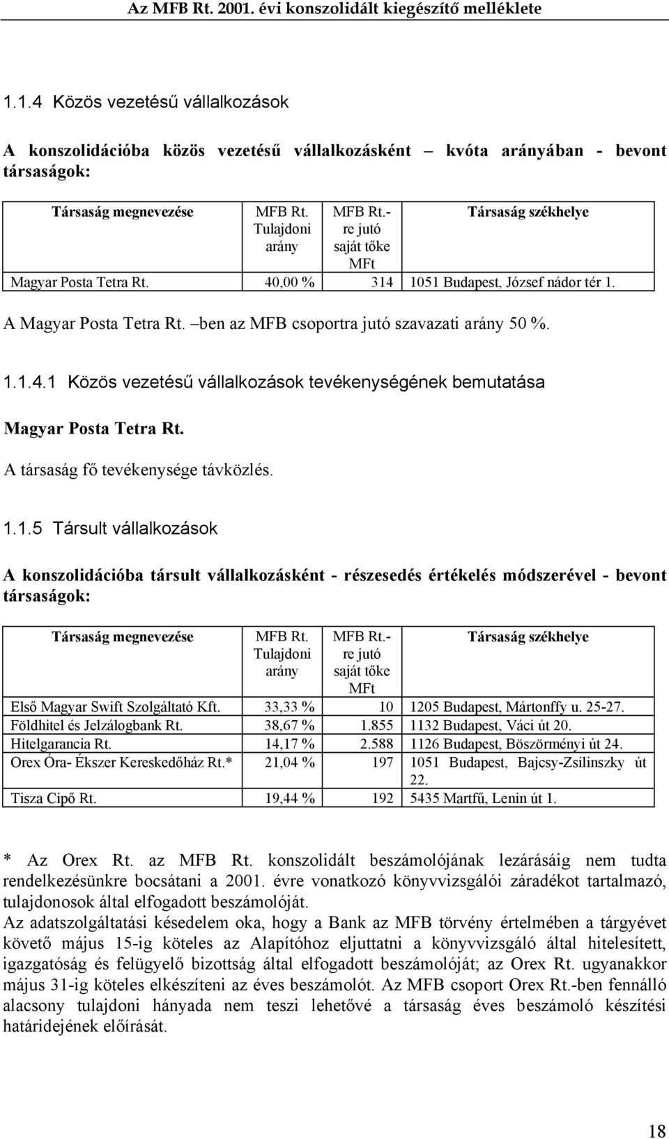 A társaság fő tevékenysége távközlés. 1.1.5 Társult vállalkozások A konszolidációba társult vállalkozásként - részesedés értékelés módszerével - bevont társaságok: Társaság megnevezése MFB Rt.