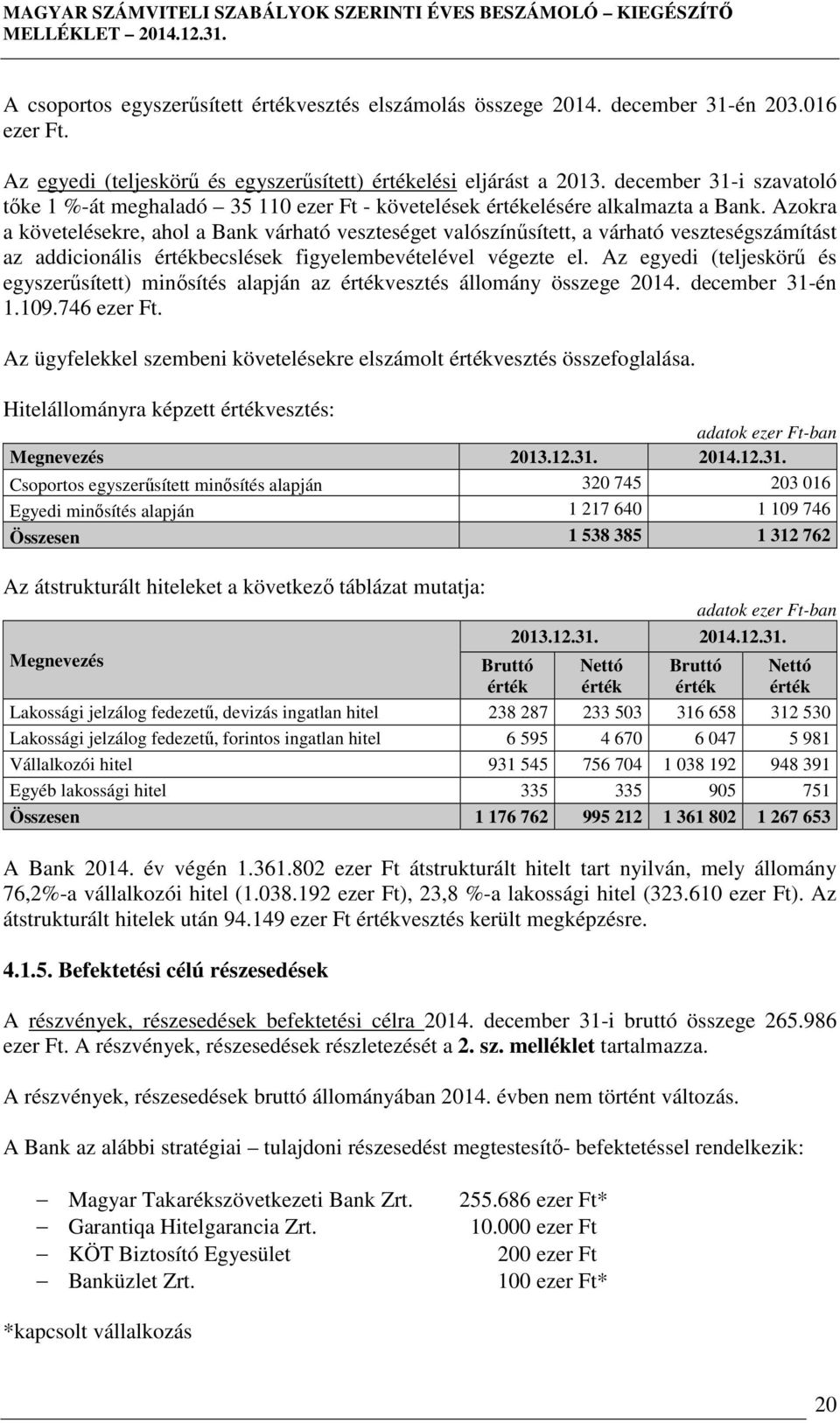 Azokra a követelésekre, ahol a Bank várható veszteséget valószínűsített, a várható veszteségszámítást az addicionális becslések figyelembevételével végezte el.