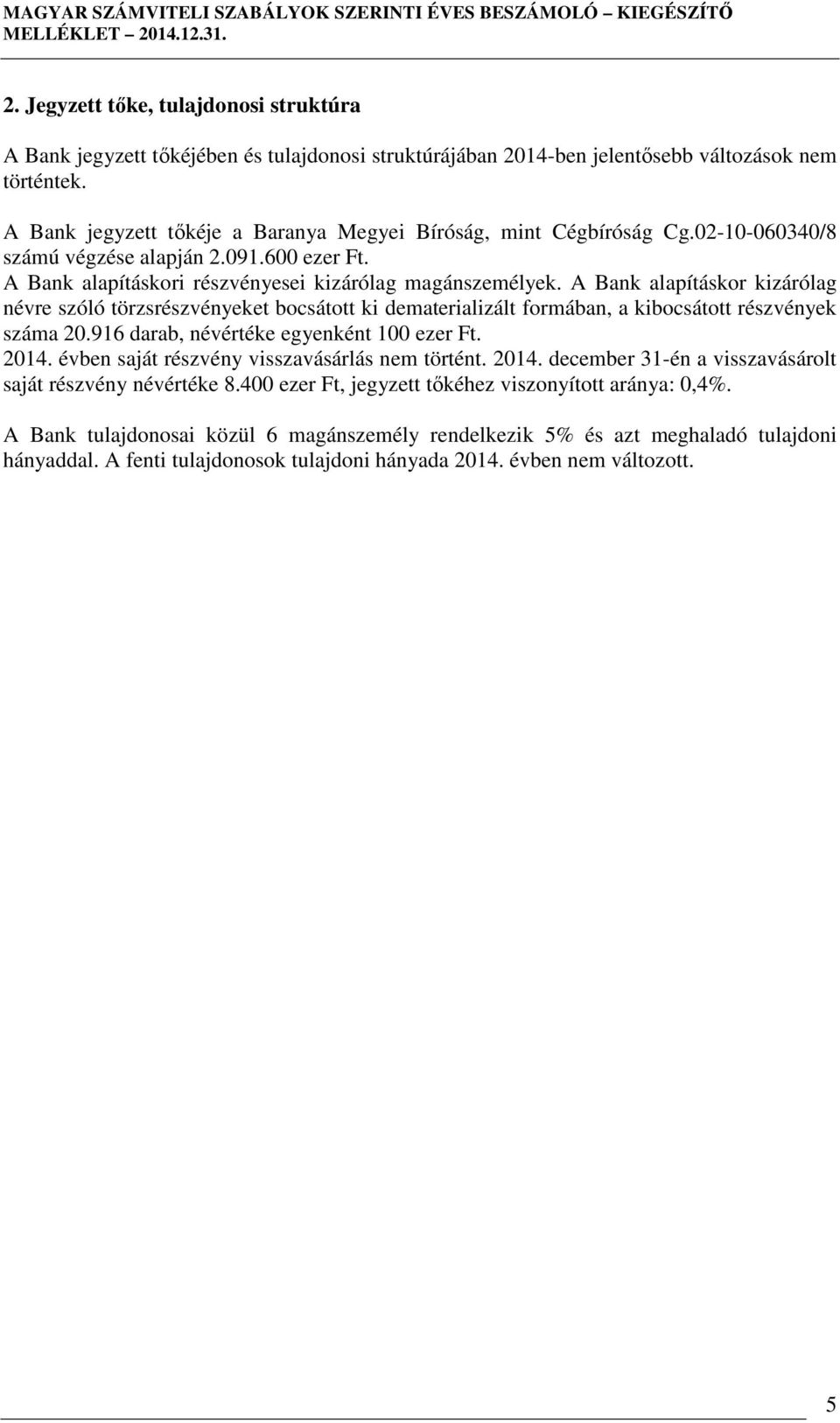 A Bank alapításkor kizárólag névre szóló törzsrészvényeket bocsátott ki dematerializált formában, a kibocsátott részvények száma 20.916 darab, néve egyenként 100 ezer Ft. 2014.