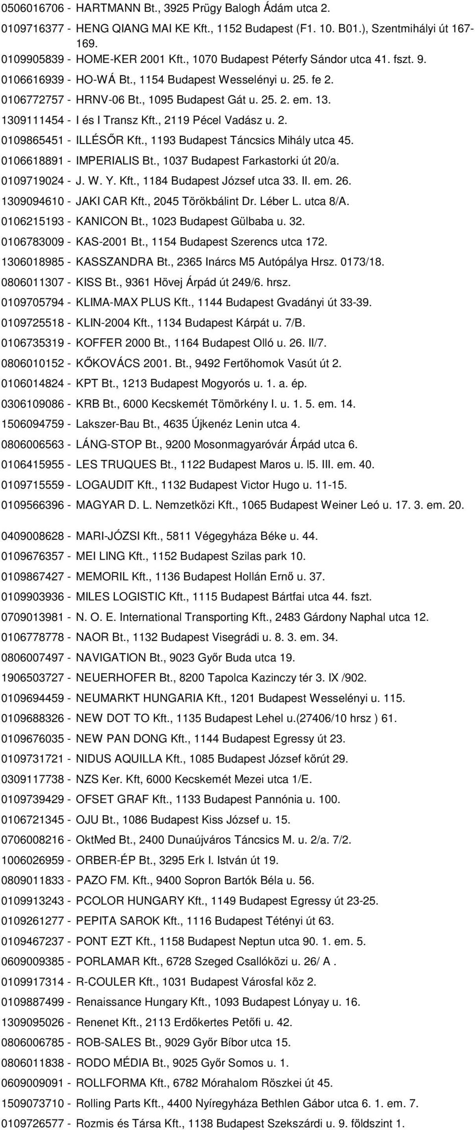 1309111454 - I és I Transz Kft., 2119 Pécel Vadász u. 2. 0109865451 - ILLÉSŐR Kft., 1193 Budapest Táncsics Mihály utca 45. 0106618891 - IMPERIALIS Bt., 1037 Budapest Farkastorki út 20/a.