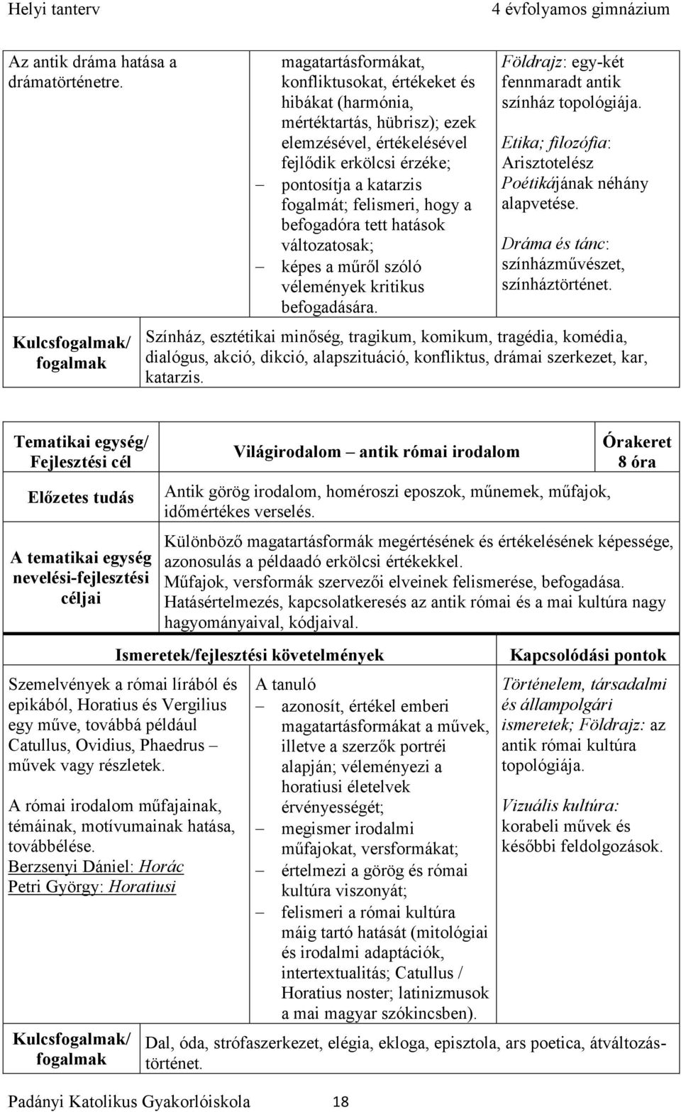 befogadóra tett hatások változatosak; képes a műről szóló vélemények kritikus befogadására. Földrajz: egy-két fennmaradt antik színház topológiája.