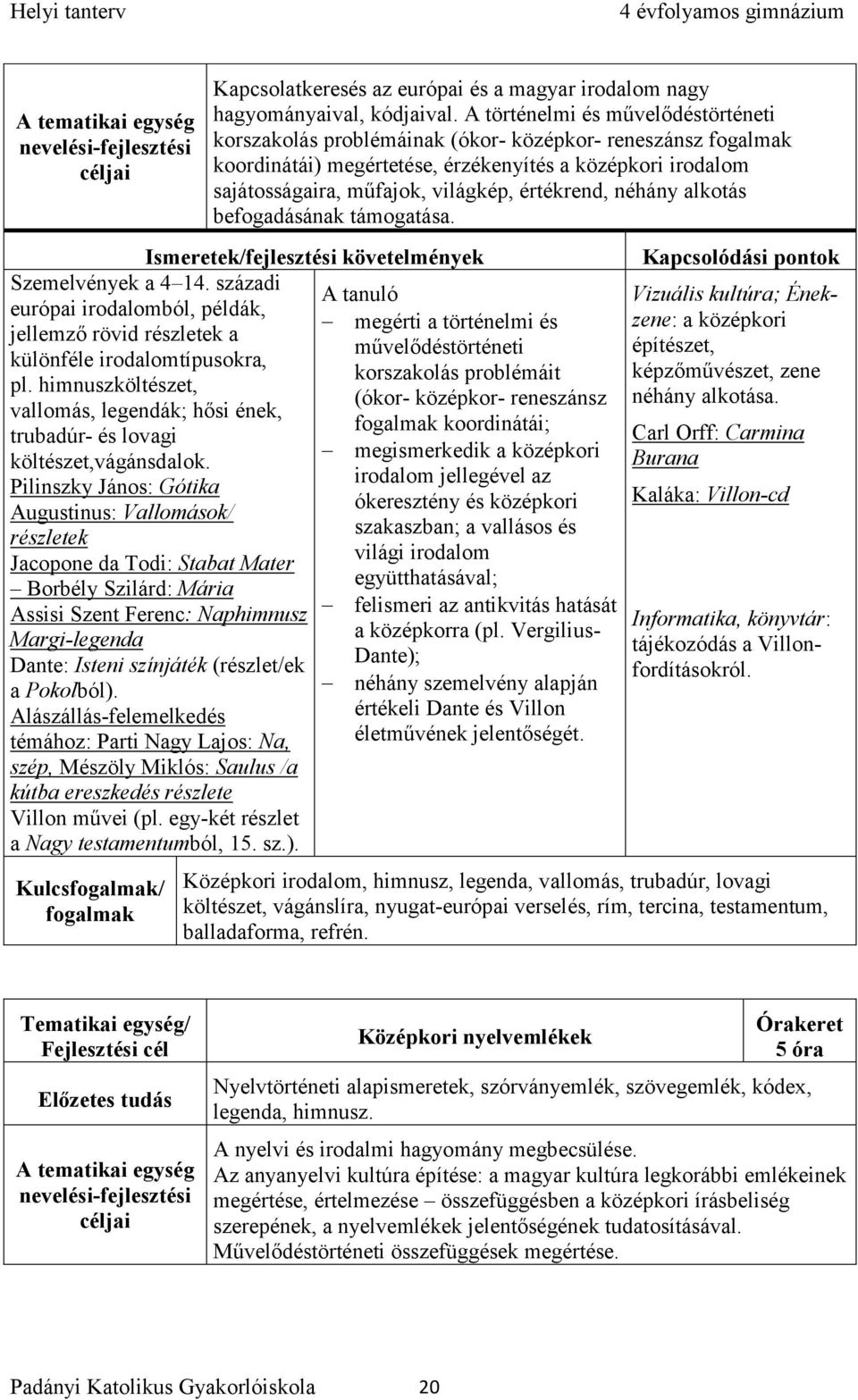 néhány alkotás befogadásának támogatása. Szemelvények a 4 14. századi európai irodalomból, példák, jellemző rövid részletek a különféle irodalomtípusokra, pl.