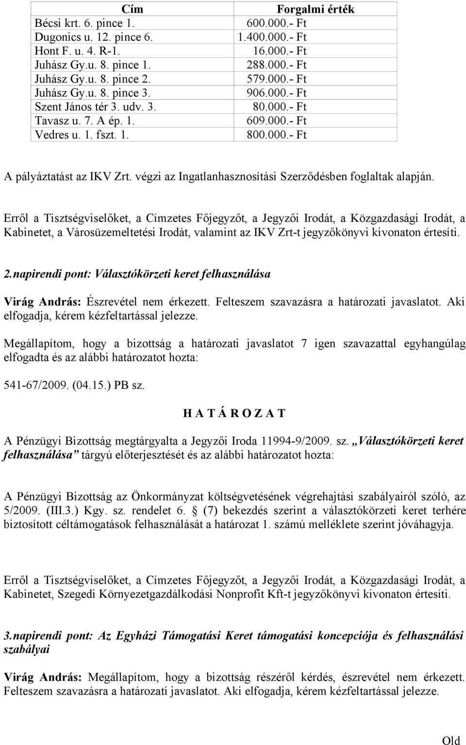 végzi az Ingatlanhasznosítási Szerződésben foglaltak alapján. Kabinetet, a Városüzemeltetési Irodát, valamint az IKV Zrt-t jegyzőkönyvi kivonaton értesíti. 2.