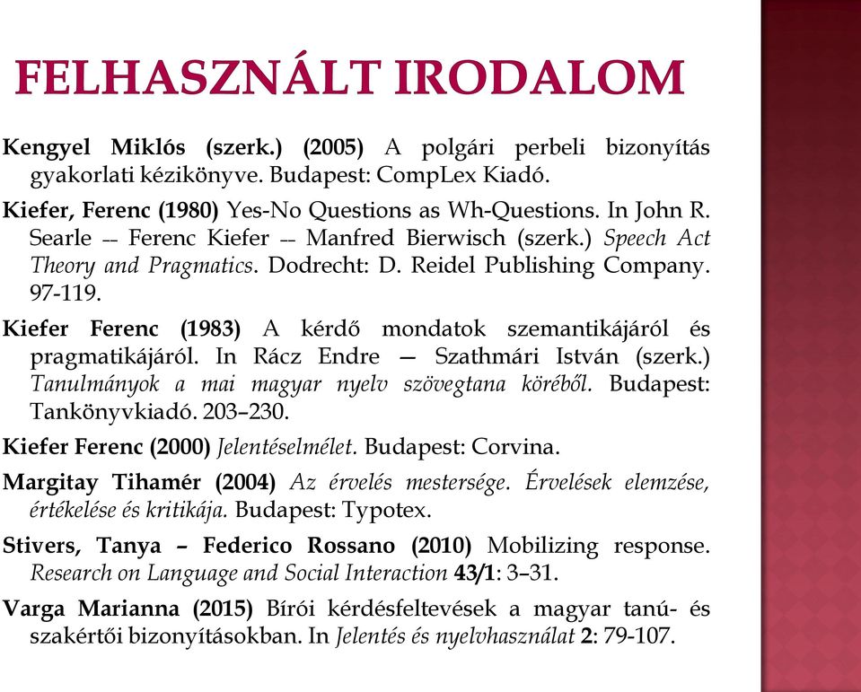 Kiefer Ferenc (1983) A kérdő mondatok szemantikájáról és pragmatikájáról. In Rácz Endre Szathmári István (szerk.) Tanulmányok a mai magyar nyelv szövegtana köréből. Budapest: Tankönyvkiadó. 203 230.