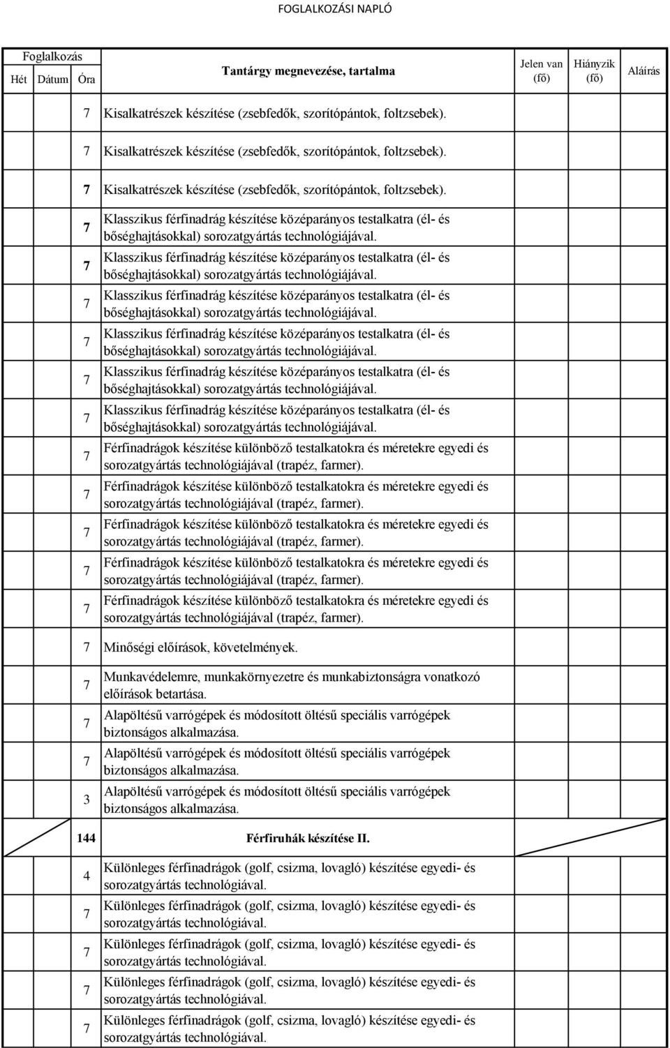 Klasszikus férfinadrág készítése középarányos testalkatra (él- és bőséghajtásokkal) sorozatgyártás technológiájával.