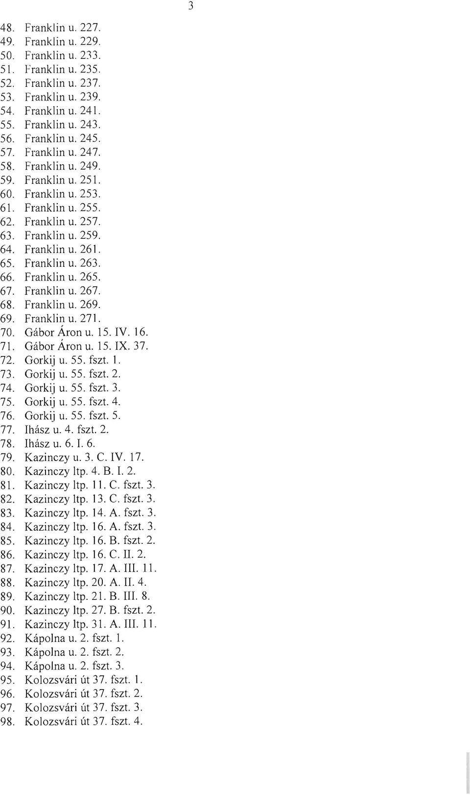 67. Franklin u. 267. 68. Franklin u. 269. 69. Franklin u. 271. 70. Gábor Áron u. 15. IV. 16. 71. Gábor Áron u. 15. IX. 37. 72. Gorkij u. 55. fszt. l. 73. Gorkij u. 55. fszt. 2. 74. Gorkij u. 55. fszt. 3. 75.