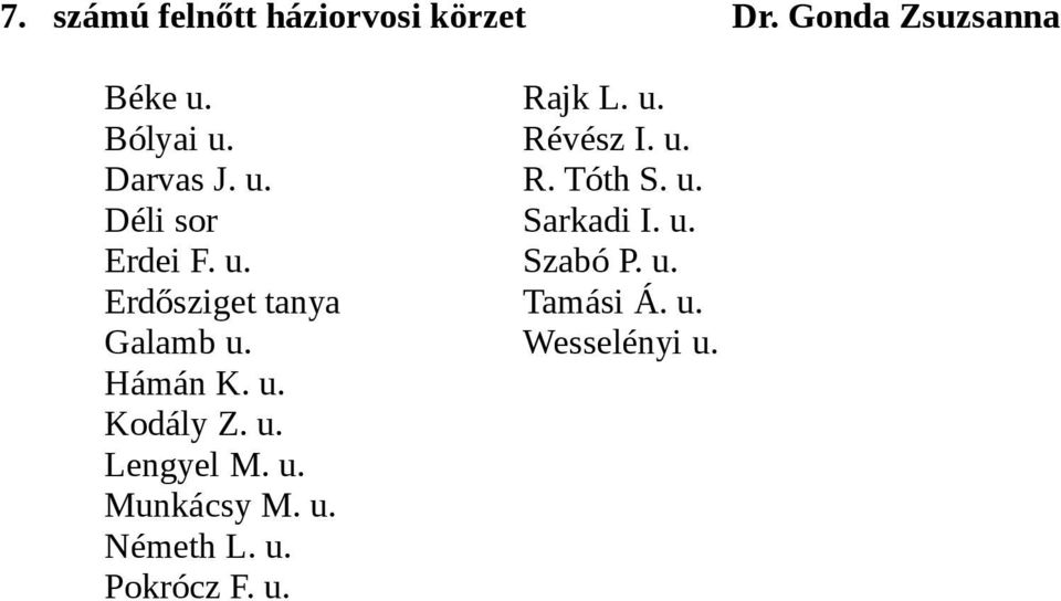 u. Erdősziget tanya Tamási Á. u. Galamb u. Wesselényi u. Hámán K. u. Kodály Z.