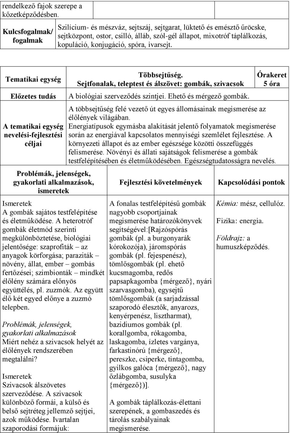 spóra, ivarsejt. Tematikai egység Előzetes tudás A tematikai egység nevelési-fejlesztési gyakorlati alkalmazások, ismeretek Ismeretek A gombák sajátos testfelépítése és életműködése.