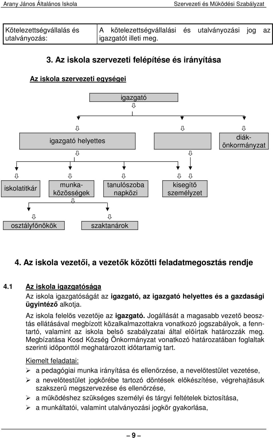 osztályfőnökök szaktanárok 4. Az iskola vezetői, a vezetők közötti feladatmegosztás rendje 4.