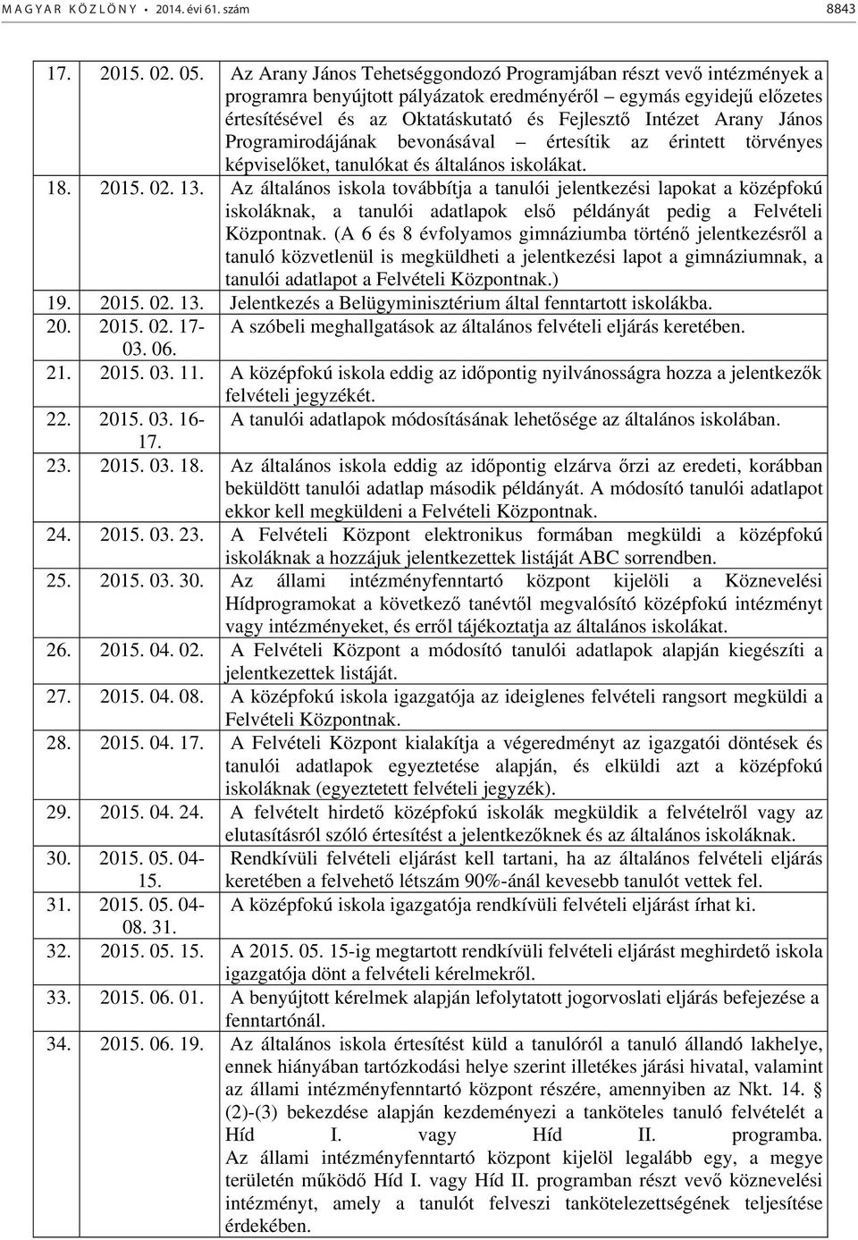 János Programirodájának bevonásával értesítik az érintett törvényes képvisel ket, tanulókat és általános iskolákat. 18. 2015. 02. 13.