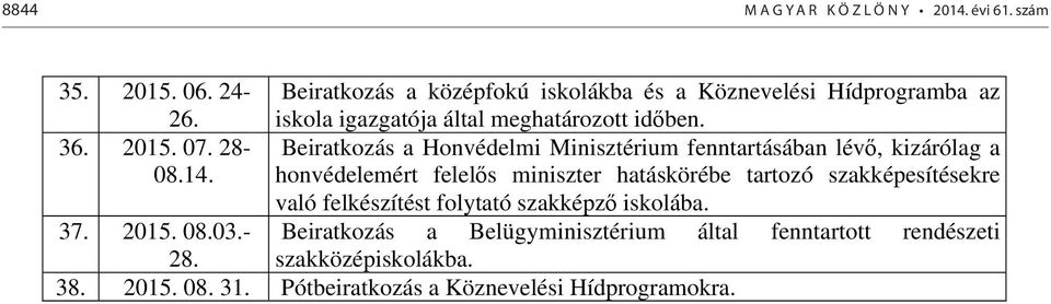 Beiratkozás a Honvédelmi Minisztérium fenntartásában lév, kizárólag a honvédelemért felel s miniszter hatáskörébe tartozó szakképesítésekre