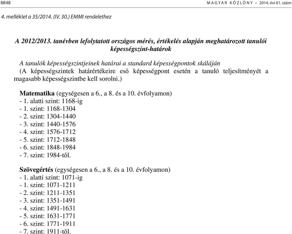 határértékeire es képességpont esetén a tanuló teljesítményét a magasabb képességszintbe kell sorolni.) Matematika (egységesen a 6., a 8. és a 10. évfolyamon) - 1. alatti szint: 1168-ig - 1.