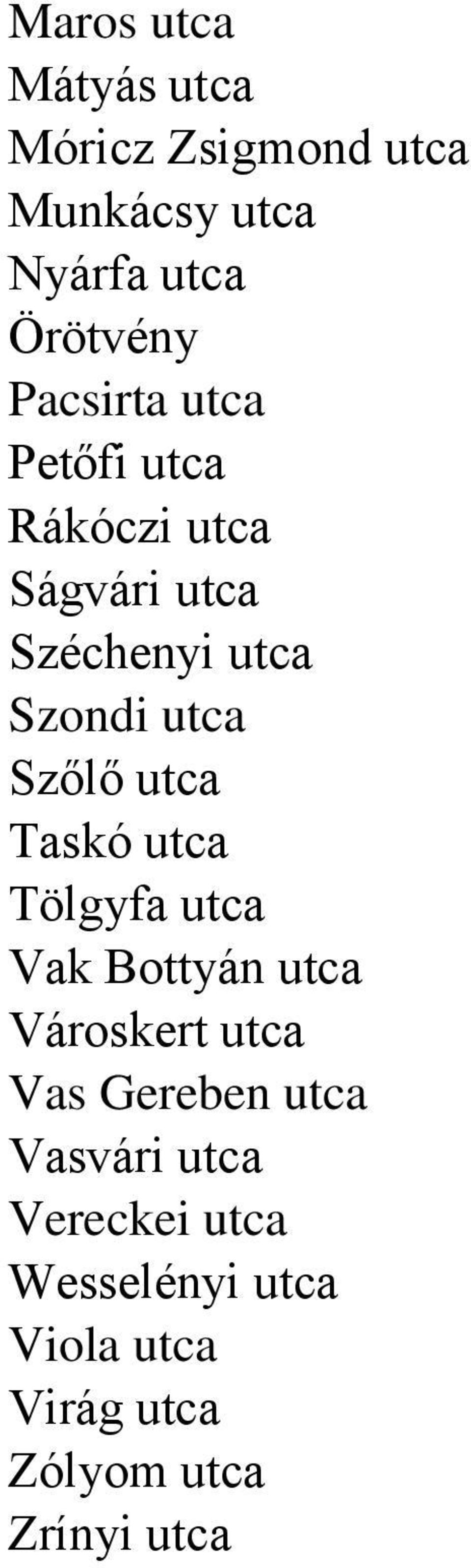 Szőlő utca Taskó utca Tölgyfa utca Vak Bottyán utca Városkert utca Vas Gereben