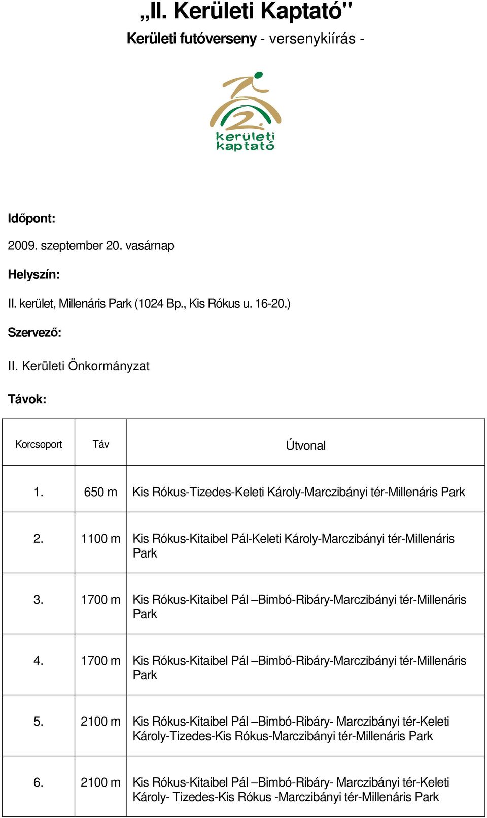 1100 m Kis Rókus-Kitaibel Pál-Keleti Károly-Marczibányi tér-millenáris 3. 1700 m Kis Rókus-Kitaibel Pál Bimbó-Ribáry-Marczibányi tér-millenáris 4.