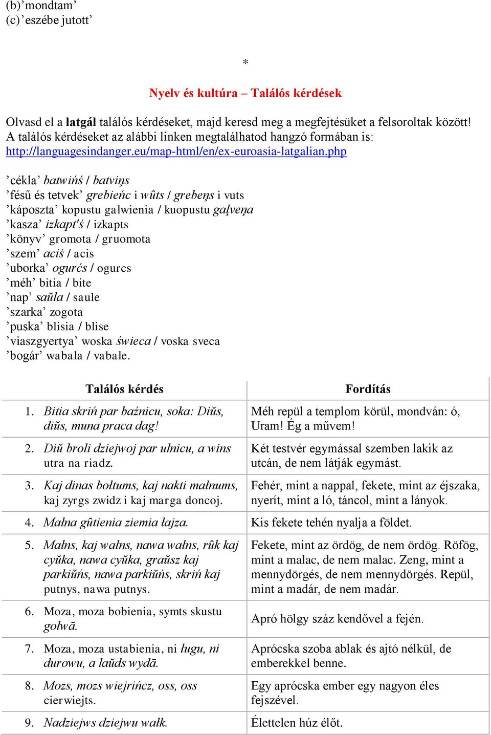 php cékla batwińś / batviņs fésű és tetvek grebieńc i wȗts / grebeņs i vuts káposzta kopustu galwienia / kuopustu gaļveņa kasza izkapt'ś / izkapts könyv gromota / gruomota szem aciś / acis uborka