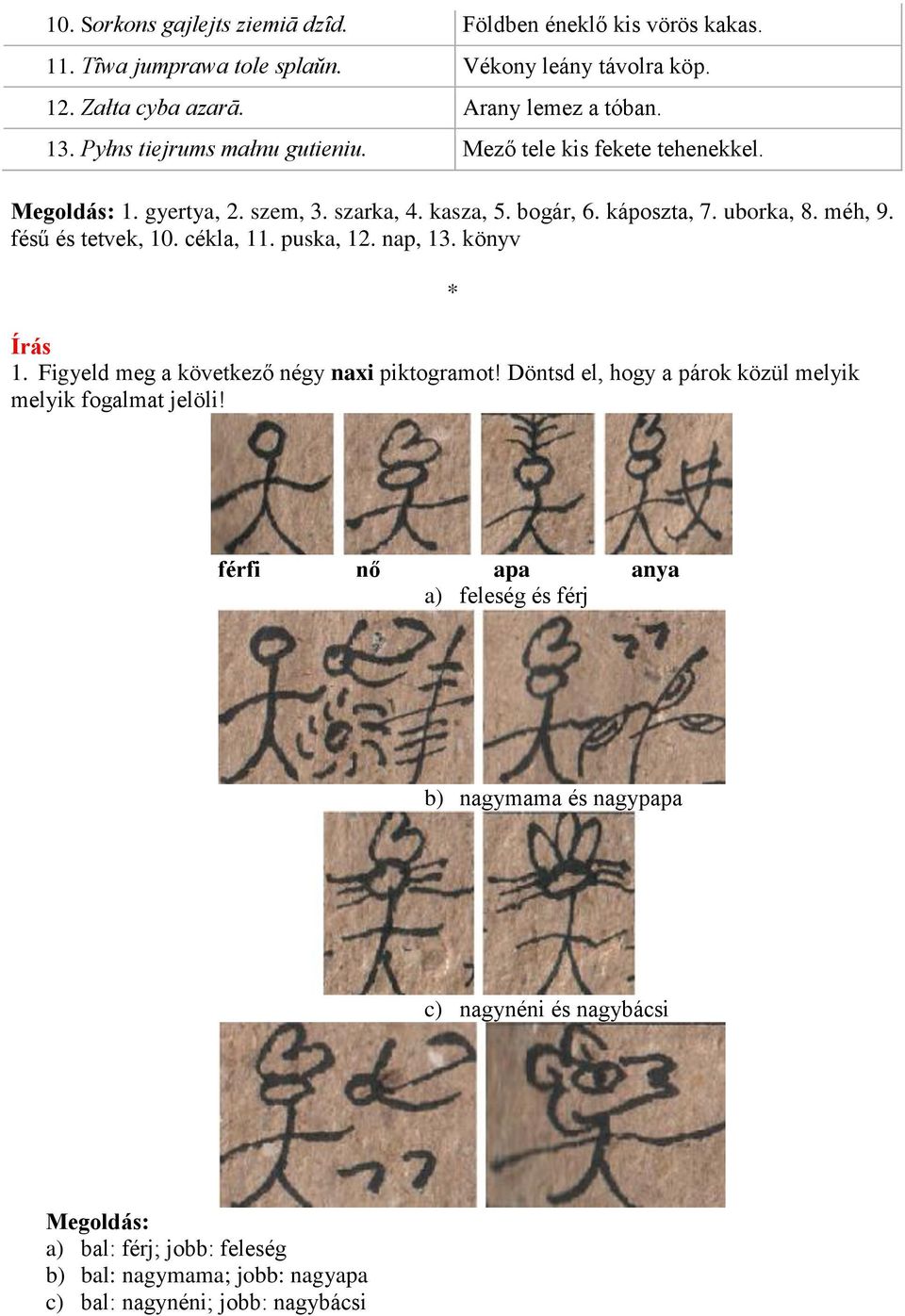 fésű és tetvek, 10. cékla, 11. puska, 12. nap, 13. könyv Írás 1. Figyeld meg a következő négy naxi piktogramot!