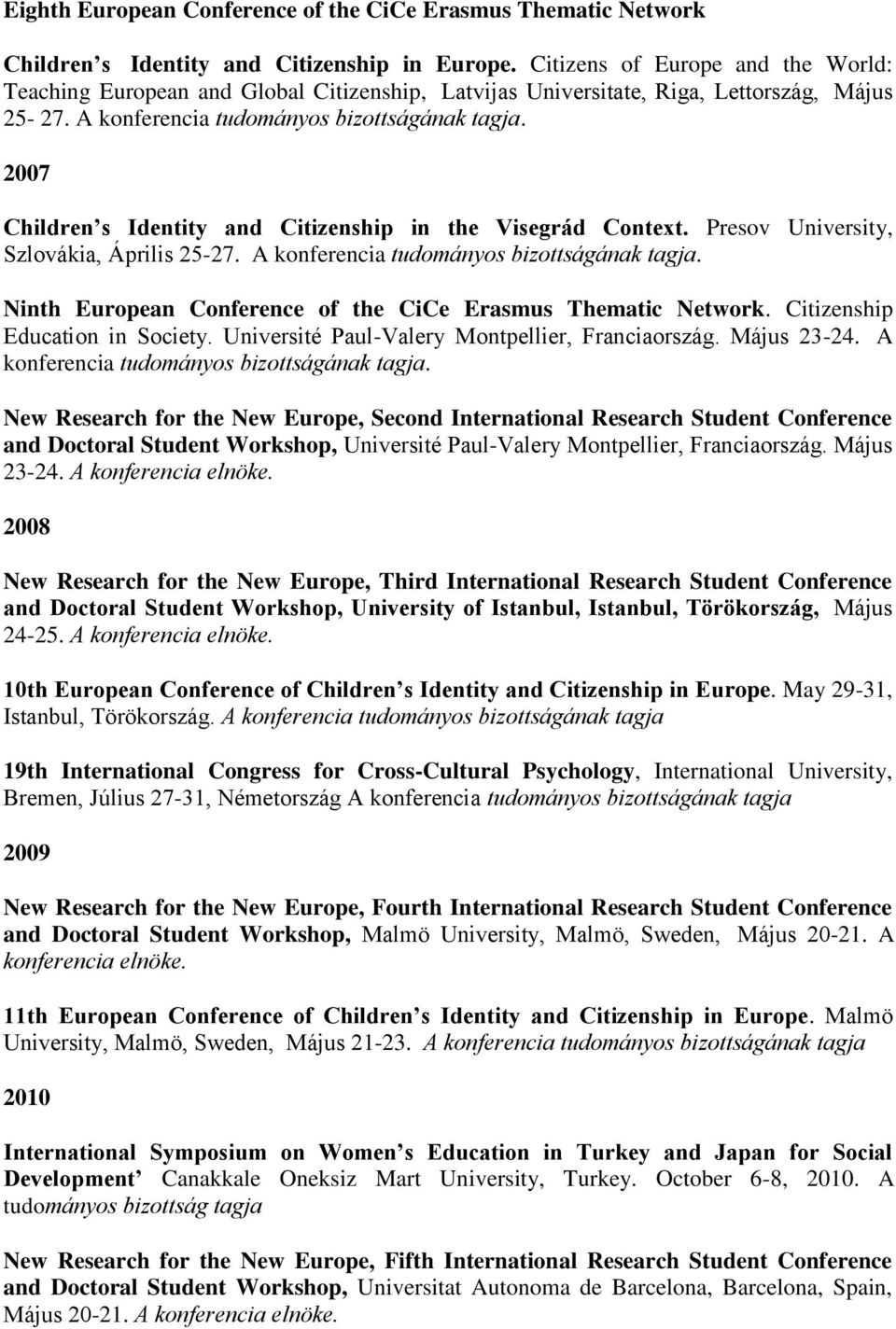 2007 Children s Identity and Citizenship in the Visegrád Context. Presov University, Szlovákia, Április 25-27. A konferencia tudományos bizottságának tagja.