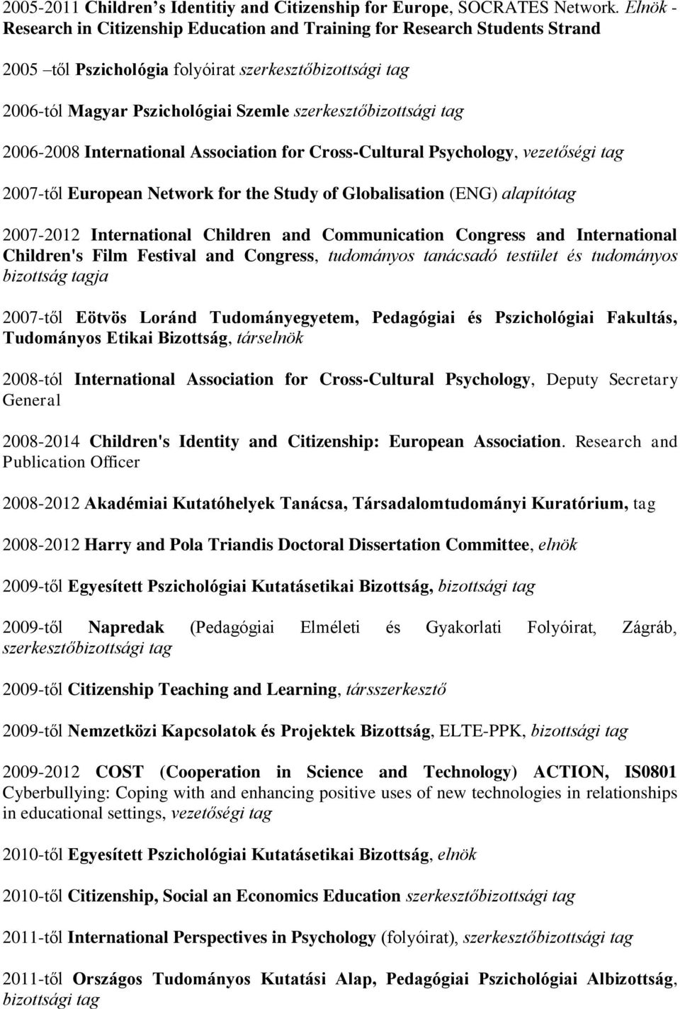 tag 2006-2008 International Association for Cross-Cultural Psychology, vezetőségi tag 2007-től European Network for the Study of Globalisation (ENG) alapítótag 2007-2012 International Children and