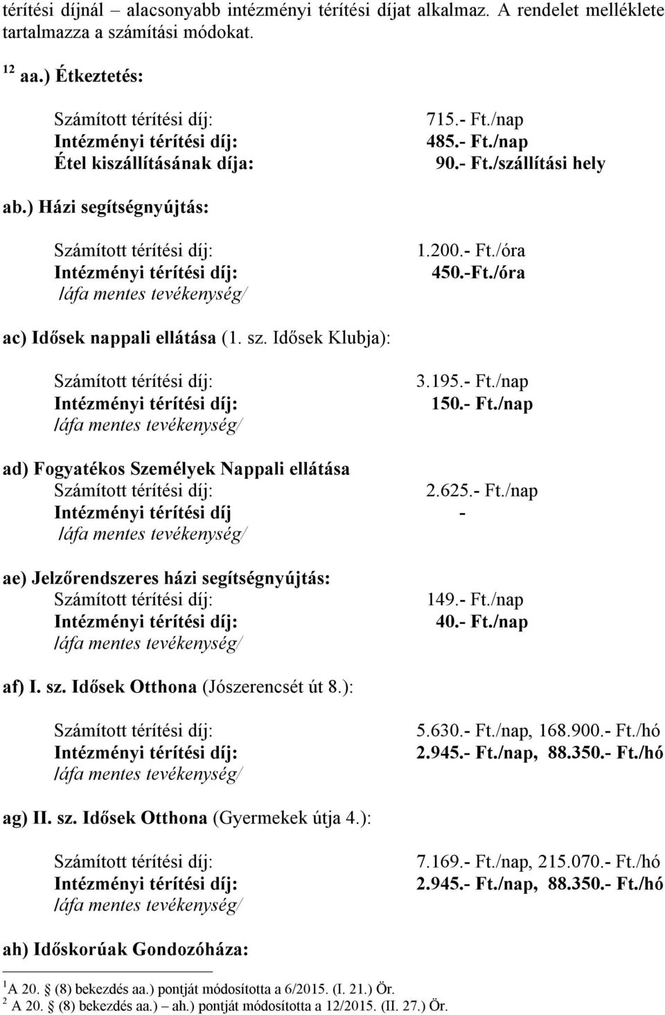 ) Házi segítségnyújtás: Számított térítési díj: Intézményi térítési díj: /áfa mentes tevékenység/ 1.200.- Ft./óra 450.-Ft./óra ac) Idősek nappali ellátása (1. sz.