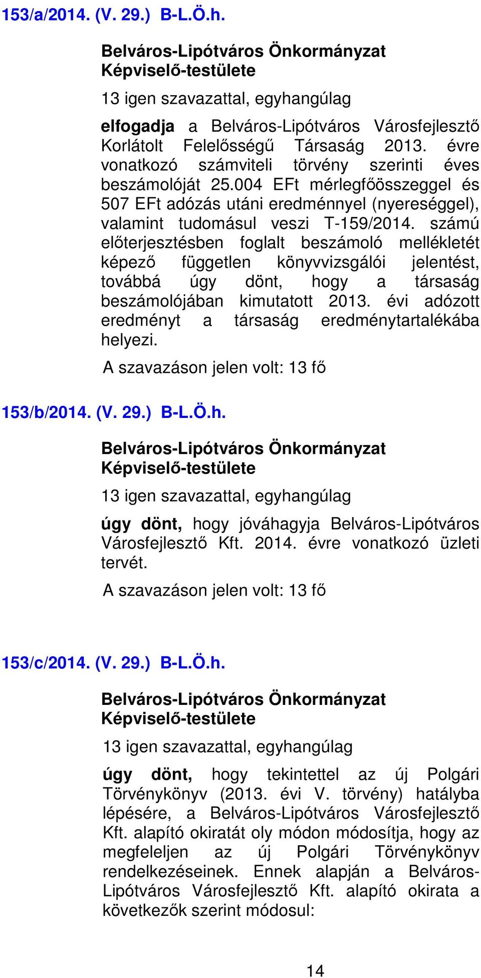 számú előterjesztésben foglalt beszámoló mellékletét képező független könyvvizsgálói jelentést, továbbá úgy dönt, hogy a társaság beszámolójában kimutatott 2013.