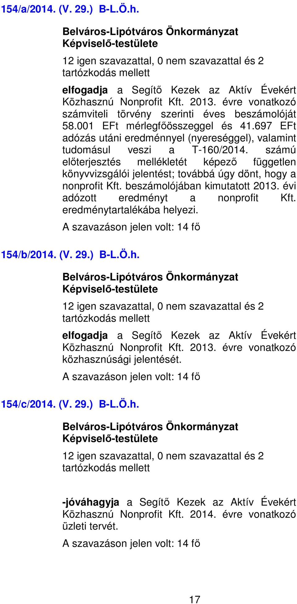 számú előterjesztés mellékletét képező független könyvvizsgálói jelentést; továbbá úgy dönt, hogy a nonprofit Kft. beszámolójában kimutatott 2013. évi adózott eredményt a nonprofit Kft.