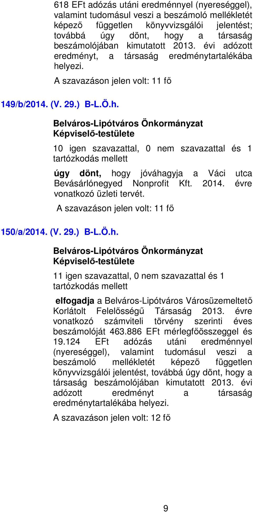 2014. évre vonatkozó üzleti tervét. A szavazáson jelen volt: 11 fő 150/a/2014. (V. 29.) B-L.Ö.h. elfogadja a Belváros-Lipótváros Városüzemeltető Korlátolt Felelősségű Társaság 2013.