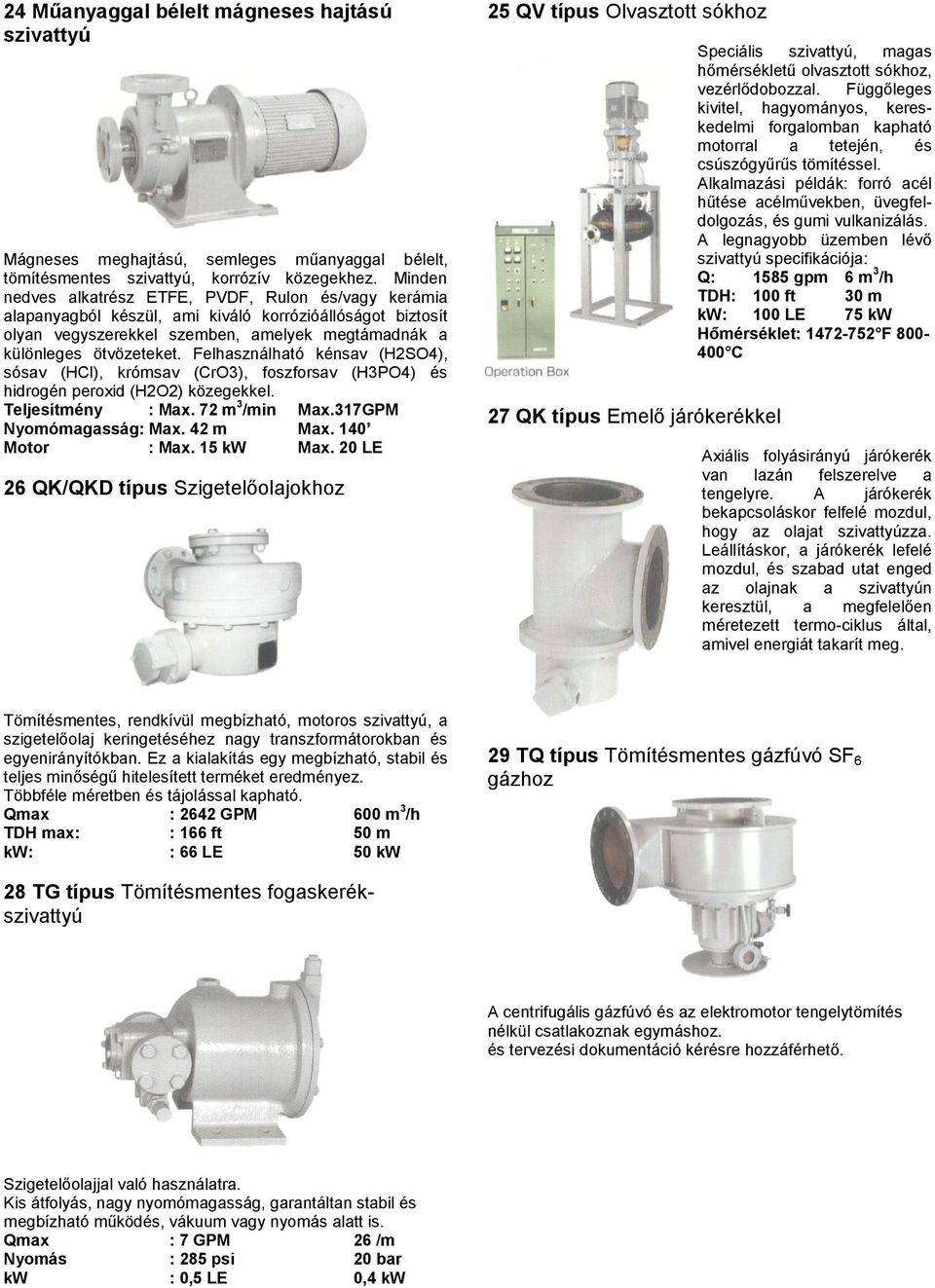 Felhasználható kénsav (H2SO4), sósav (HCl), krómsav (CrO3), foszforsav (H3PO4) és hidrogén peroxid (H2O2) közegekkel. Teljesítmény : Max. 72 m 3 /min Max.317GPM Nyomómagasság: Max. 42 m Max.