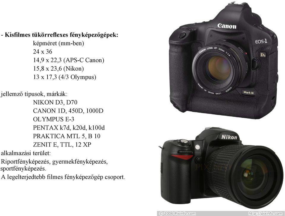 OLYMPUS E-3 PENTAX k7d, k20d, k100d PRAKTICA MTL 5, B 10 ZENIT E, TTL, 12 XP alkalmazási terület: