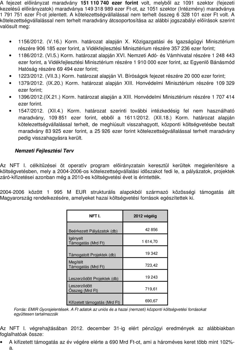 A kötelezettségvállalással nem terhelt maradvány átcsoportosítása az alábbi jogszabályi előírások szerint valósult meg: 1156/2012. (V.16.) Korm. határozat alapján X.