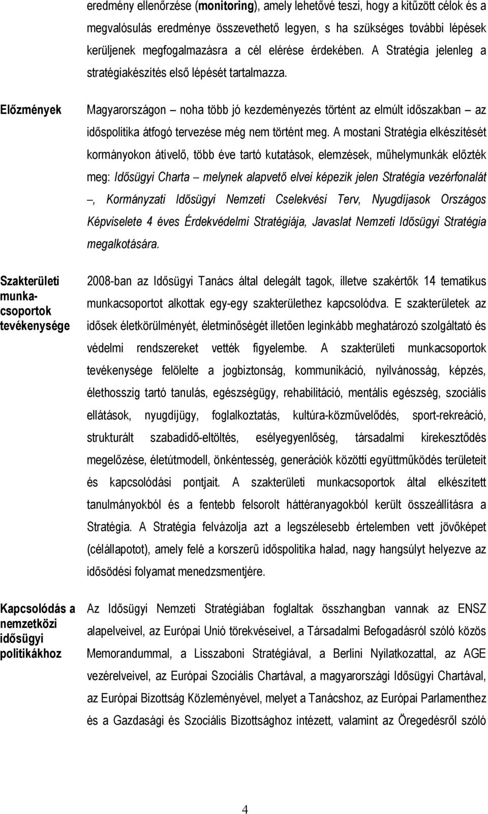 Előzmények Szakterületi munkacsoportok tevékenysége Kapcsolódás a nemzetközi idősügyi politikákhoz Magyarországon noha több jó kezdeményezés történt az elmúlt időszakban az időspolitika átfogó