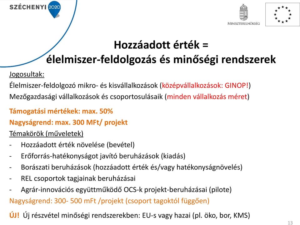 300 MFt/ projekt Témakörök (műveletek) - Hozzáadott érték növelése (bevétel) - Erőforrás-hatékonyságot javító beruházások (kiadás) - Borászati beruházások (hozzáadott érték és/vagy