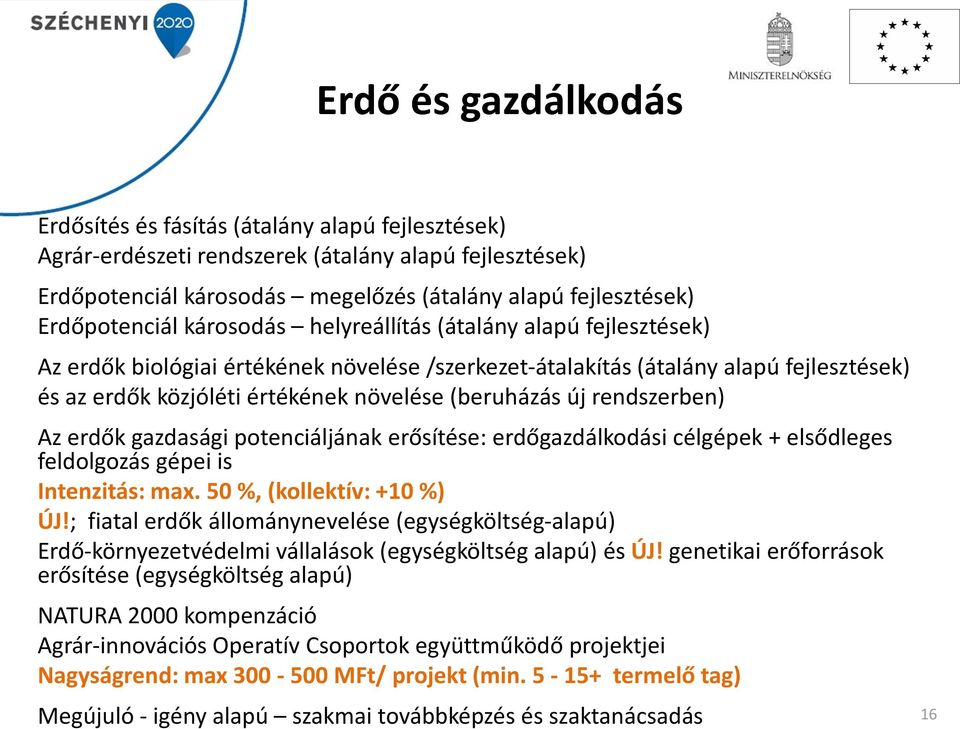 (beruházás új rendszerben) Az erdők gazdasági potenciáljának erősítése: erdőgazdálkodási célgépek + elsődleges feldolgozás gépei is Intenzitás: max. 50 %, (kollektív: +10 %) ÚJ!