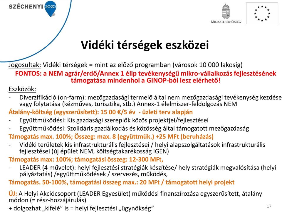 ) Annex-1 élelmiszer-feldolgozás NEM Átalány-költség (egyszerűsített): 15 00 /5 év - üzleti terv alapján - Együttműködési: Kis gazdasági szereplők közös projektjei/fejlesztései - Együttműködési: