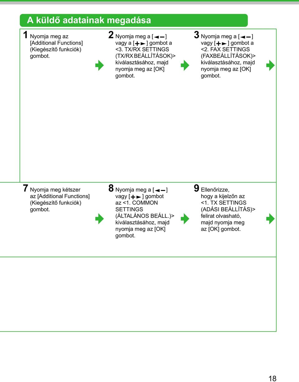 FAX SETTINGS (FAXBEÁLLÍTÁSOK)> kiválasztásához, majd nyomja meg az [OK] gombot. 7 Nyomja meg kétszer az [Additional Functions] (Kiegészít funkciók) gombot.