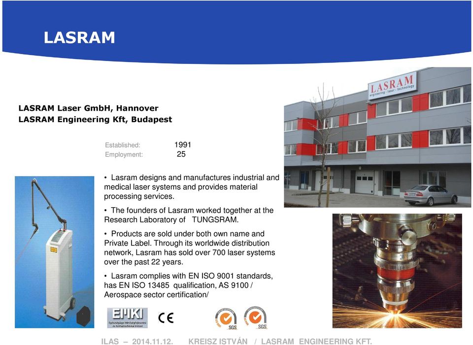 The founders of Lasram worked together at the Research Laboratory of TUNGSRAM. Products are sold under both own name and Private Label.