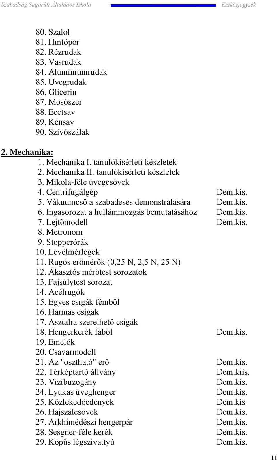 Ingasorozat a hullámmozgás bemutatásához Dem.kís. 7. Lejtőmodell Dem.kís. 8. Metronom 9. Stopperórák 10. Levélmérlegek 11. Rugós erőmérők (0,25 N, 2,5 N, 25 N) 12. Akasztós mérőtest sorozatok 13.