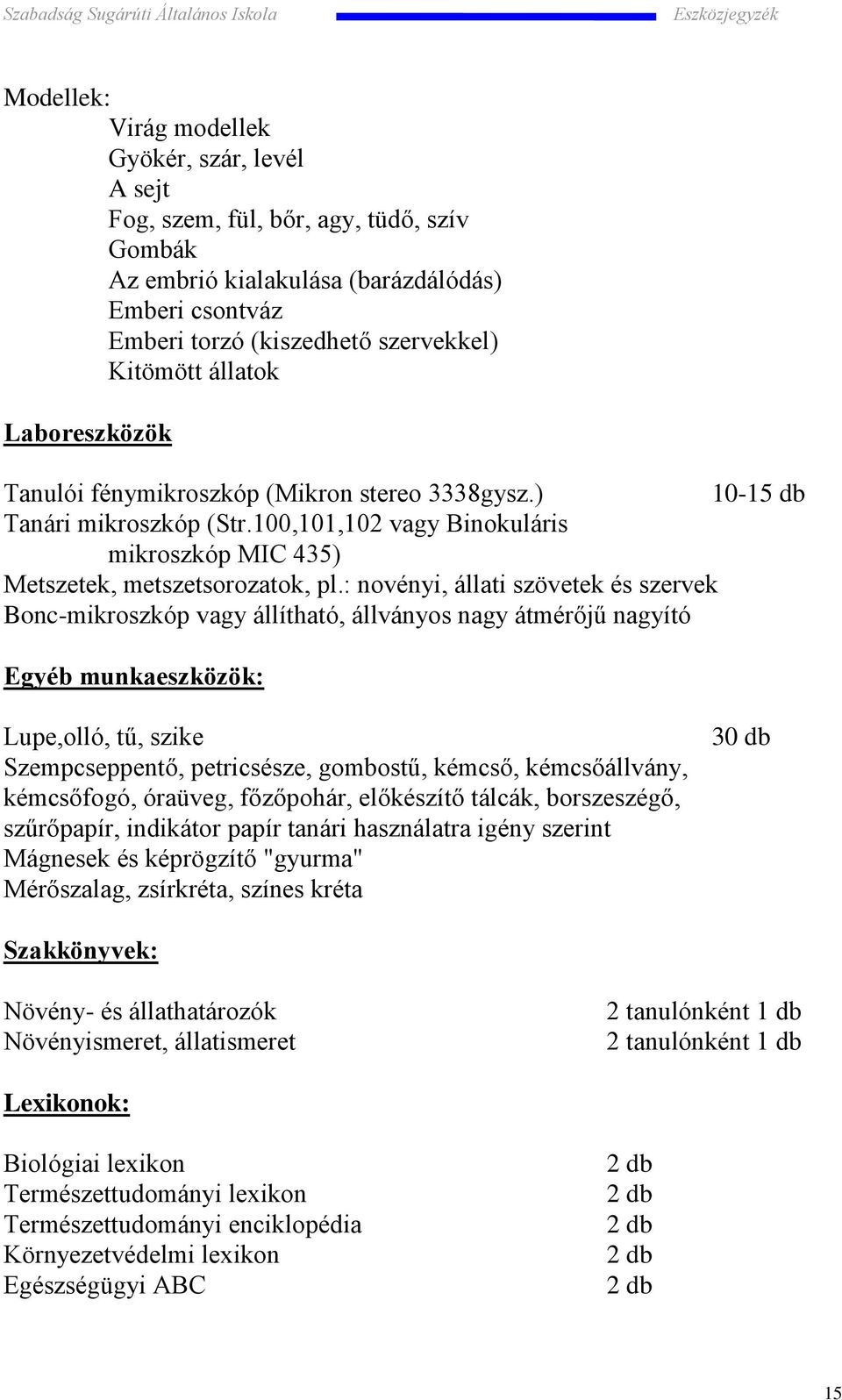 : novényi, állati szövetek és szervek Bonc-mikroszkóp vagy állítható, állványos nagy átmérőjű nagyító Egyéb munkaeszközök: Lupe,olló, tű, szike Szempcseppentő, petricsésze, gombostű, kémcső,