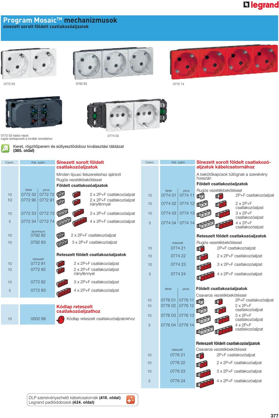 0772 52 0772 72 0772 90 0772 9 Sínezett sorolt földelt csatlakozóaljzatok kábelcsatornához piros 2 x 2P+F csatlakozóaljzat 2 x 2P+F csatlakozóaljzat irányfénnyel 0774 0 0774 0774 02 0774 2 0772 53