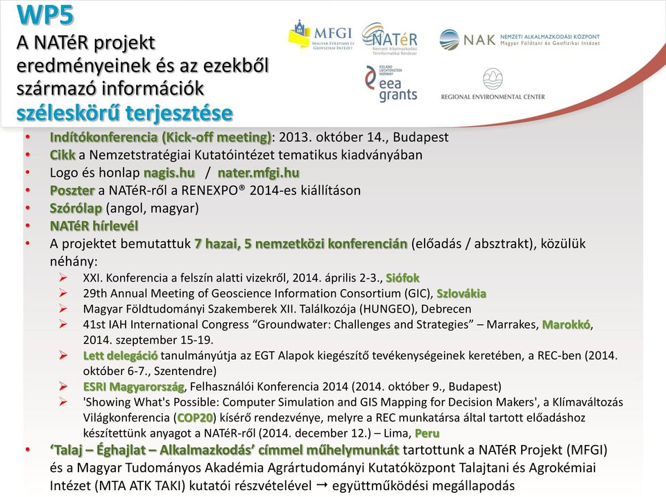 hu Poszter a NATéR-ről a RENEXPO 2014-es kiállításon Szórólap (angol, magyar) NATéR hírlevél A projektet bemutattuk 7 hazai, 5 nemzetközi konferencián (előadás / absztrakt), közülük néhány: XXI.